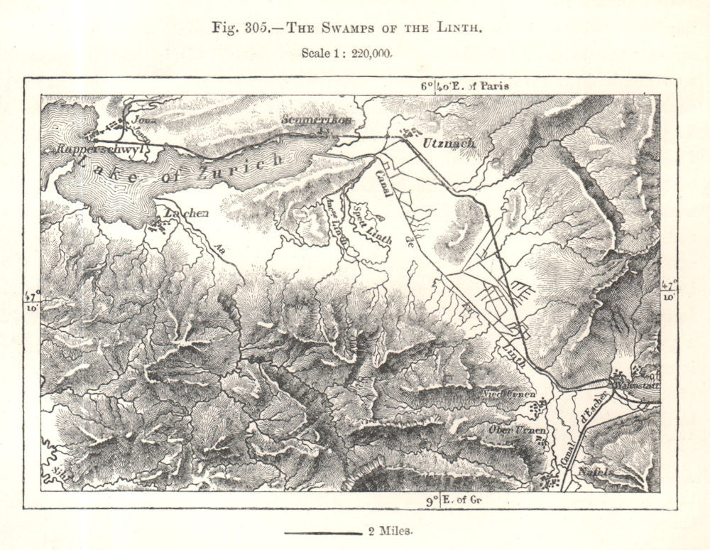 The Swamps of the Linth. Zurichsee. Switzerland. Sketch map 1885 old